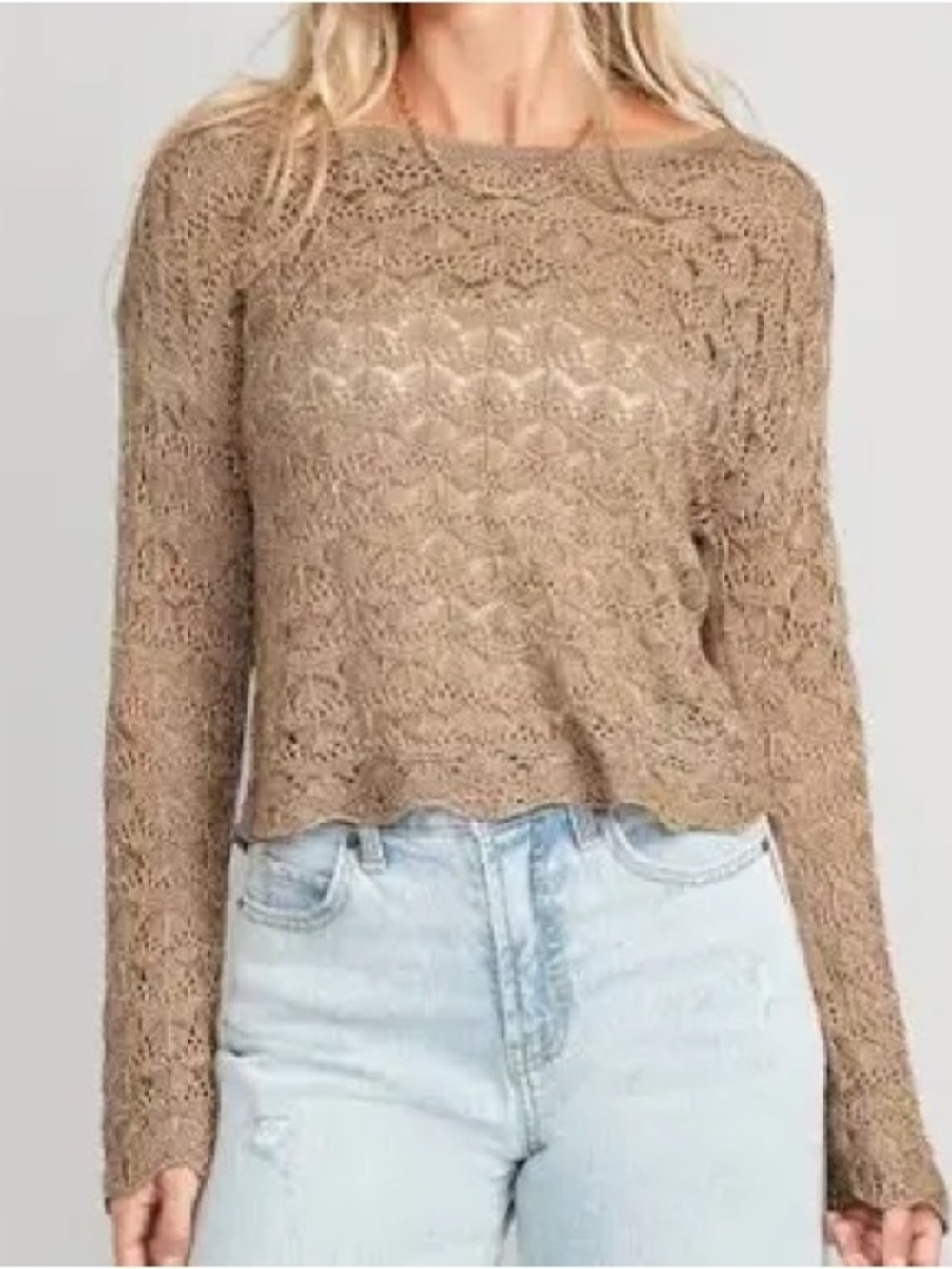 Tan Crocheted Open-Knit Lightweight Pullover Sweater Long Sleeve Top
